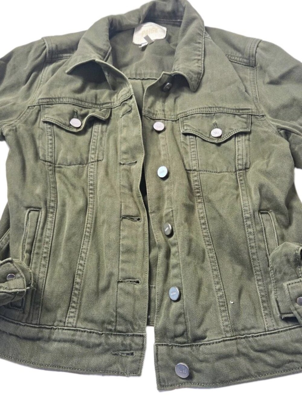 PAIGE Women's Size S Green Cotton Twill Button Front Denim Jacket Pockets